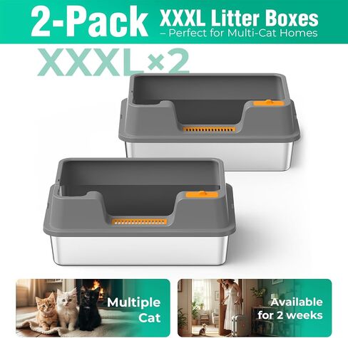 OROLEY 2PACK Stainless Steel Litter Box with High Sides Lid, Extra Large XXXL Litter Box for Big Cats, Metal Kitty Litter Boxes with Anti-Leakage Enclosure,Non-Stick in Kuwait