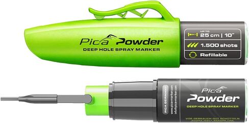 Pica Powder® Deep Hole Spray Marker PICA2020. Holes from 3mm & Marks Through Upto 25cm. High-Vis Green Chalk. Refills for Long-Term use-1500 Shots lifespan. 1 Handed Spray Action. 360° Spray Nozzle. in Kuwait