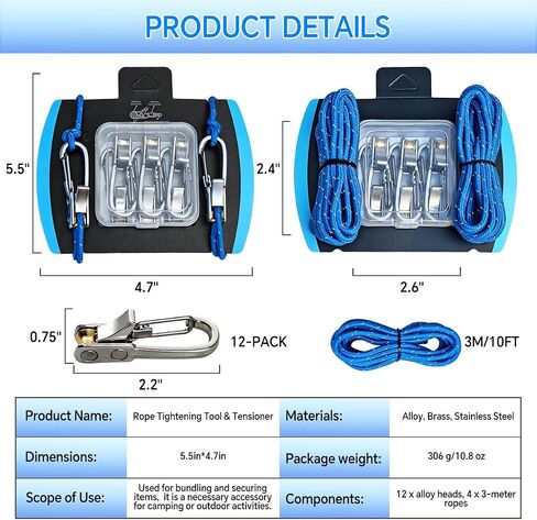 Rope Rollers 12 Pack with Paracord Tensioner Locking Buckle, Cord and Rope Tightening and Cinching Tool, Heavy-Duty Tie Down for Camping Tarps Guy Lines Boating Outdoor,4 Reflective Cord in Kuwait