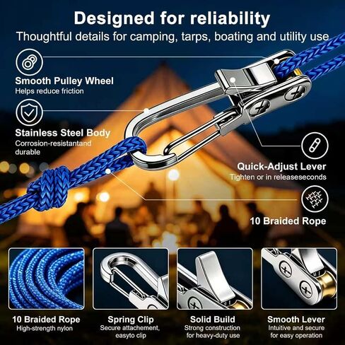 6 Pack Rope Tensioner, Rope Adjuster Tool with 4Pcs 10Ft Cord & Case in Kuwait
