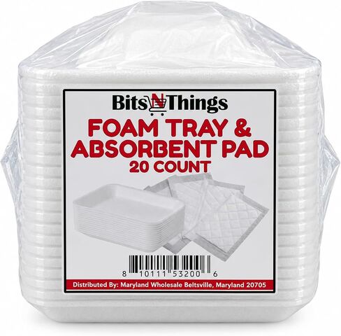 Bits N Things White Foam Trays with Absorbent Pads, Disposable Standard Supermarket Meat Poultry Frozen Food Trays - Pack of 20 in Kuwait
