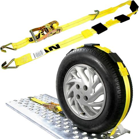 ربط سيارة VULCAN Autohauler بخطافات J - وحدة تباطؤ منزلقة 3-Cleat - 120 بوصة، 4 عبوات - أصفر كلاسيكي - حمل عمل آمن بوزن 1600 رطل in Kuwait