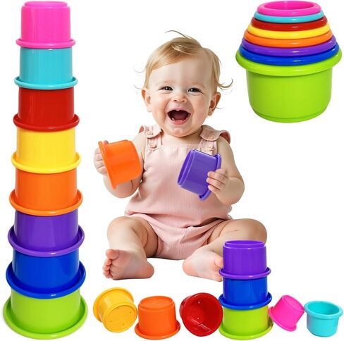 WEEJOYGAM Stacking Cups Baby Toy, 8 PCS Rainbow Nesting Cups for Babies, Montessori Stacking Toy for Toddlers 1-3, Educational Toys 6-12 Months for Color Recognition, Size Sorting and Fine Motor Skill in Kuwait