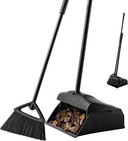 Eyliden Commercial Angle Broom and Dustpan Combo, with Long Handle, Lobby Dust Pan Sweep Set for Outdoor Garages Courtyard Sidewalks Decks Indoor Home Kitchen Room Office (Black Broom+Dustpan) in Kuwait