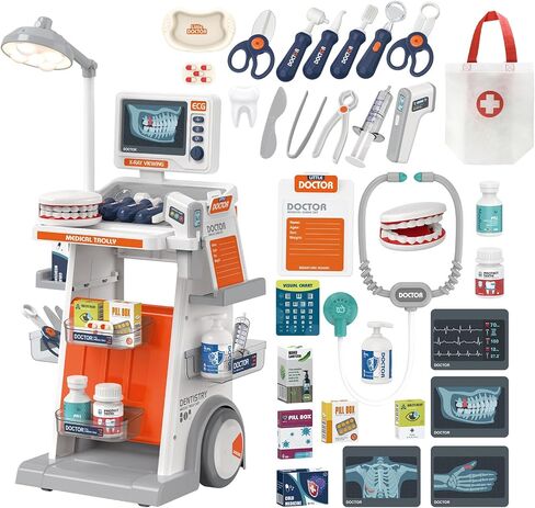 RedCrab Doctor Kit for Kids,33PCS Kids Doctors Play Set with Medical Cart,Stethoscope, Thermometer and Syringe,Dentist Doctor Role Play Toy Gift for Girls Boys 3,4,5,6,7,8+ in Kuwait