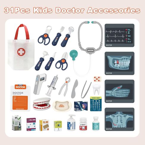 RedCrab Doctor Kit for Kids,33PCS Kids Doctors Play Set with Medical Cart,Stethoscope, Thermometer and Syringe,Dentist Doctor Role Play Toy Gift for Girls Boys 3,4,5,6,7,8+ in Kuwait