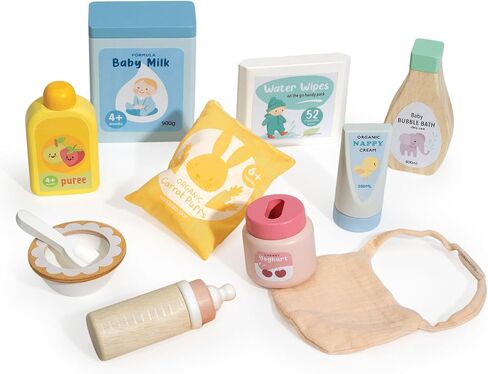 Tender Leaf Toys - Baby Care Set - 11pc Wooden Pretend Play Baby Essentials Kit - Doll Feeding and Wash Accessories - Encourage Empathy, Language Skills and Imaginative Play - Age 3+ in Kuwait