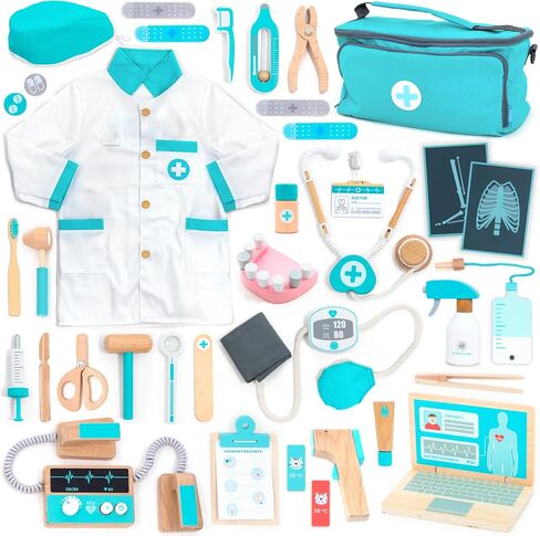 UMU® Deluxe Wooden Doctor Play Set – 37 Pcs Pretend Medical Kit with Stethoscope Dentist Tools Laptop & Accessories – Doctor Role Play Toy for Kids Ages 3 4 5 6 in Kuwait