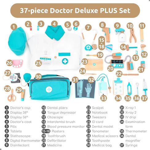 UMU® Deluxe Wooden Doctor Play Set – 37 Pcs Pretend Medical Kit with Stethoscope Dentist Tools Laptop & Accessories – Doctor Role Play Toy for Kids Ages 3 4 5 6 in Kuwait