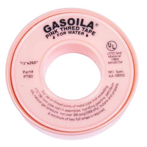 Gasoila PT80-24 Pink PTFE High Density Thred Tape Roll, -450 to 550 Degree F Performance Temperature, 3.7 mil Thick, 260" Length, 1/2" Width, Thread tape for Water H2O in Kuwait