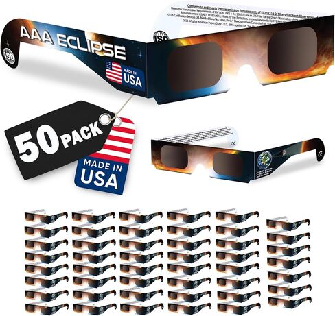 AAA Eclipse 50 Pack Solar Eclipse Glasses Nasa Approved 2024 - Made in USA - Safe & Trusted for Direct Solar Viewing in Kuwait