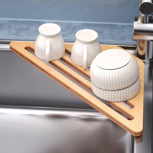 VERTORGAN Bamboo Dish Drying Rack for Sink Corner,Sink Accessories(Natural) in Kuwait