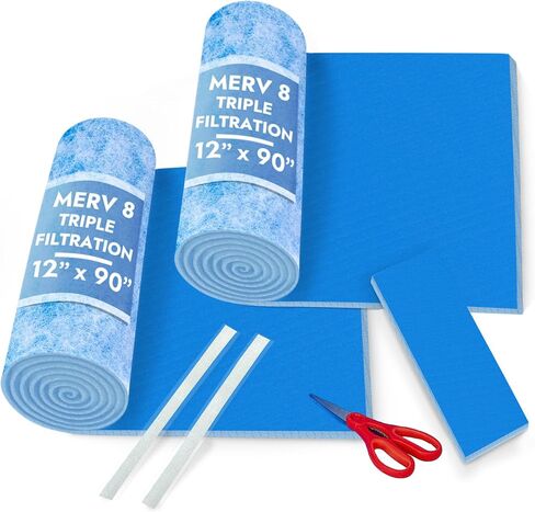 Cut to Size Floor Vent Air Filters for home - MERV 8 Electrostatic Cut to Fit Air Filter Roll & Adhesive Hook Tape (50+ Filters) (12" x 90" Triple Filtration) in Kuwait