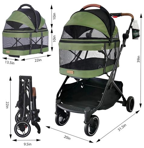 ROODO 2026 Upgraded Version 3-in-1 Dog Cat Stroller with Detachable Carrier Folding Lightweight Portable Travel Pet Gear All-Terrain Puppy Doggie Kitty Bunny Stroller for 35 lbs (Green) in Kuwait