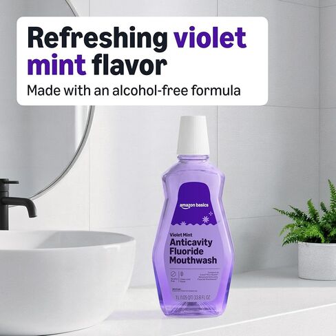 Amazon Basics Anticavity Fluoride Mouthwash, Alcohol Free, Violet Mint, 1 Liter, 33.8 Fluid Ounces, 1-Pack (Previously Solimo) in Kuwait