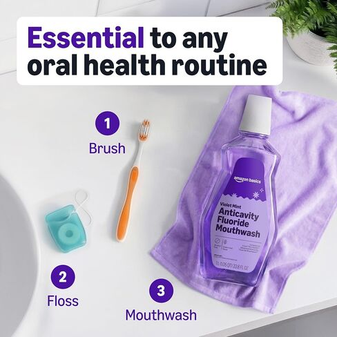 Amazon Basics Anticavity Fluoride Mouthwash, Alcohol Free, Violet Mint, 1 Liter, 33.8 Fluid Ounces, 1-Pack (Previously Solimo) in Kuwait