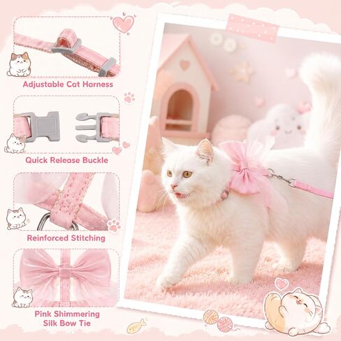 Pink Bow Cat Harness and Leash Set, Adjustable H-Shped Cute Cat Harness, Escape Proof Cats Harnesses and Leash for Small and Medium-Sized Cats and Dogs in Saudi Arabia