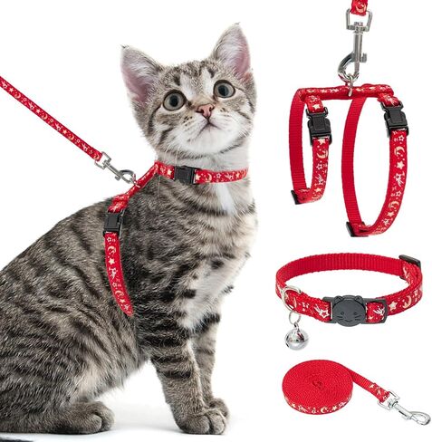 PAWCHIE Cat Harness with Leash and Collar Set - Escape Proof Adjustable H-shped Cat Harness with Star and Moon Pattern Glow in The Dark for Kitty Outdoor Walking in Kuwait