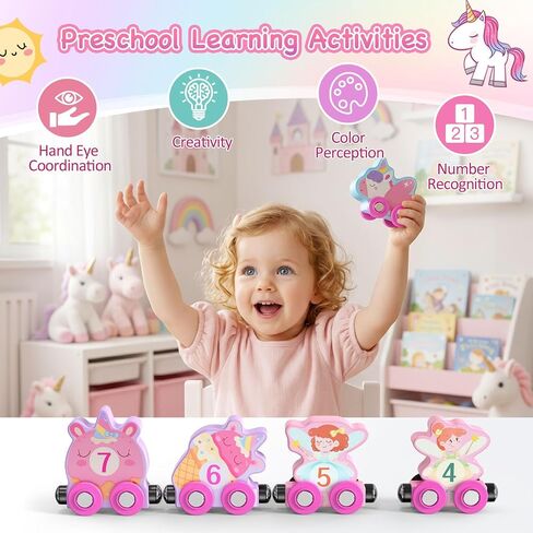 Zeoddler Toys for Toddlers, 11 Magnetic Wooden Unicorn Train Set, Montessori Toys for Toddlers, Preschool Learning Activities for Kids, Birthday Gifts for Girls in Kuwait