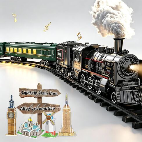 Electric Train Sets Remote Control for Kids Metal Alloy Christmas Train Toys Steam Locomotive Glowing Passenger Carriages Luxury Tracks Light & Sounds Rechargeable Birthday Gifts for Boys Girls Green in Kuwait