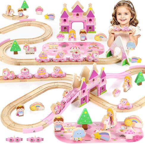 GAGAKU Wooden Train Set for Girls, 41 PCS Unicorn Princess Train Set with Magnetic Cars & Royal Castle Accessories, Pink Fairy Tale Wooden Train Track Set, Birthday Gift for Toddler Girls Toys 3+ in Kuwait