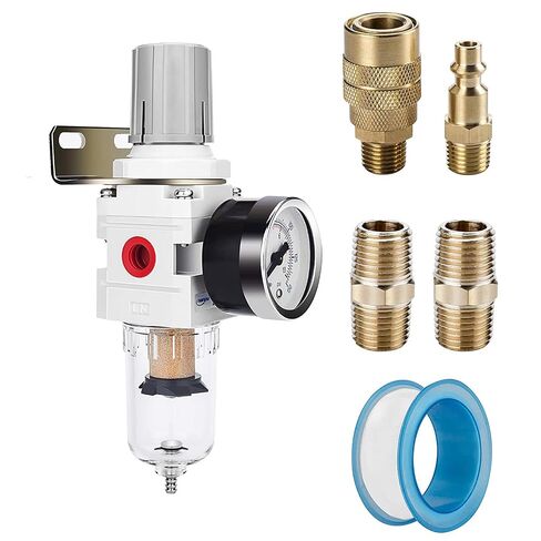 NANPU 1/4" NPT Compressed Air Filter Regulator Combo Piggyback, 5 Micron Brass Element, Poly Bowl, Semi-Auto Drain, Metal Bracket, 0-150 psi Gauge, Ball Valve in Kuwait