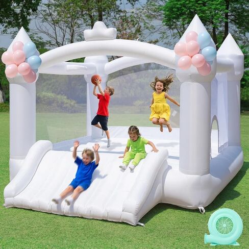 FBSPORT Inflatable White Bounce House for Kids,Large Inflatable Bouncy Castle with Wide Slide, Blower & Basketball Hoop for Indoor/Outdoor Jump House in Kuwait