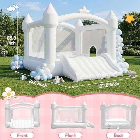 FBSPORT Inflatable White Bounce House for Kids,Large Inflatable Bouncy Castle with Wide Slide, Blower & Basketball Hoop for Indoor/Outdoor Jump House in Kuwait