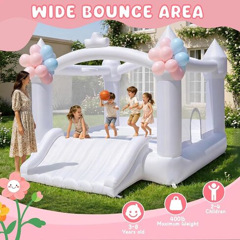 FBSPORT Inflatable White Bounce House for Kids,Large Inflatable Bouncy Castle with Wide Slide, Blower & Basketball Hoop for Indoor/Outdoor Jump House in Kuwait