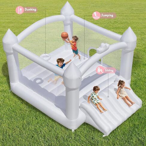 FBSPORT Inflatable White Bounce House for Kids,Large Inflatable Bouncy Castle with Wide Slide, Blower & Basketball Hoop for Indoor/Outdoor Jump House in Kuwait