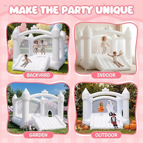 FBSPORT Inflatable White Bounce House for Kids,Large Inflatable Bouncy Castle with Wide Slide, Blower & Basketball Hoop for Indoor/Outdoor Jump House in Kuwait