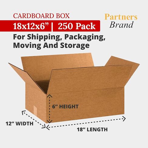 Partners Brand 18x12x6 Corrugated Cardboard Boxes, 18"L x 12"W x 6"H, Pack of 25 | Shipping, Packaging, Moving, Storage Box for Business, Strong Wholesale Bulk Boxes 18x12x6 18126 in Kuwait