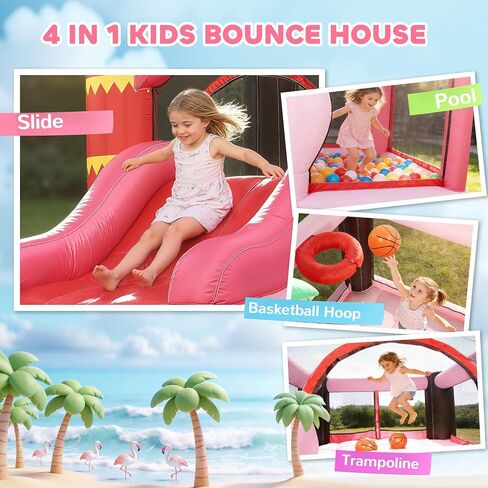 Qaba Inflatable Bounce House for Kids 4-in-1 Jumping Bouncy Castle Pink in Kuwait