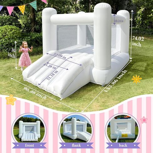 iLink-outer White Bounce House for Big Kids 3-12 Indoor Outdoor Large Bouncy Castle Theme with Slide and Air Blower 133.86 x 96.46 x 74.02 inch Big Kid Playhouse for Party in Kuwait