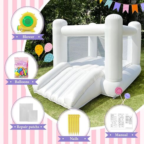 iLink-outer White Bounce House for Big Kids 3-12 Indoor Outdoor Large Bouncy Castle Theme with Slide and Air Blower 133.86 x 96.46 x 74.02 inch Big Kid Playhouse for Party in Kuwait