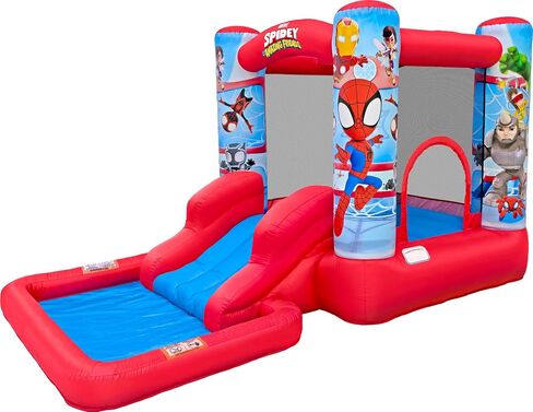 Funormous Spidey & Friends Bounce House Water Slide with Pool & Ball Pit, Inflatable Bouncer for Kids Ages 3–8 with Basketball Hoop, Water Misting System, Blower & Carry Bag in Kuwait