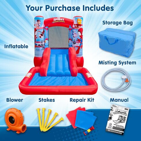 Funormous Spidey & Friends Bounce House Water Slide with Pool & Ball Pit, Inflatable Bouncer for Kids Ages 3–8 with Basketball Hoop, Water Misting System, Blower & Carry Bag in Kuwait