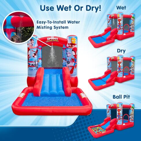 Funormous Spidey & Friends Bounce House Water Slide with Pool & Ball Pit, Inflatable Bouncer for Kids Ages 3–8 with Basketball Hoop, Water Misting System, Blower & Carry Bag in Kuwait