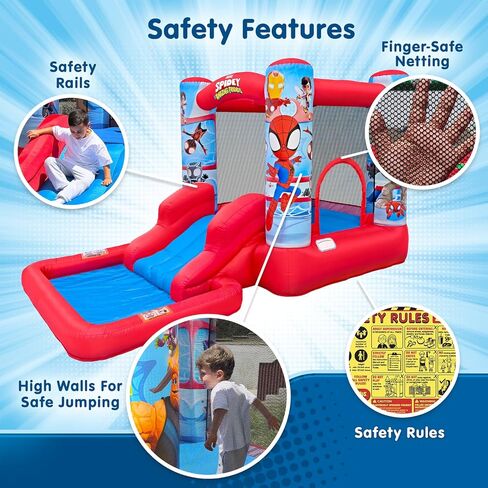 Funormous Spidey & Friends Bounce House Water Slide with Pool & Ball Pit, Inflatable Bouncer for Kids Ages 3–8 with Basketball Hoop, Water Misting System, Blower & Carry Bag in Kuwait