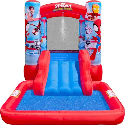 Funormous Spidey & Friends Bounce House Water Slide with Pool & Ball Pit, Inflatable Bouncer for Kids Ages 3–8 with Basketball Hoop, Water Misting System, Blower & Carry Bag in Kuwait