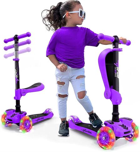 Hurtle 3-Wheeled Scooter for Kids - Wheel LED Lights, Adjustable Lean-to-Steer Handlebar, and Foldable Seat - Sit or Stand Ride with Brake for Boys and Girls Ages 1-14 Years Old in Kuwait
