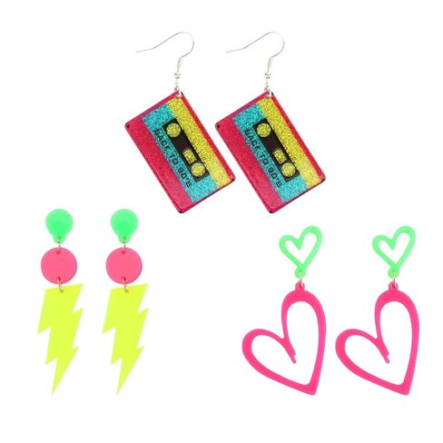 CURASA 80s 90s Neon Earrings For Women 3PCS Colorful Acrylic Earrings Set Lightning Cassette Heart Dangle Design Retro Accessories Jewelry Glow Party Outfit For Halloween Costume Gifts in Kuwait