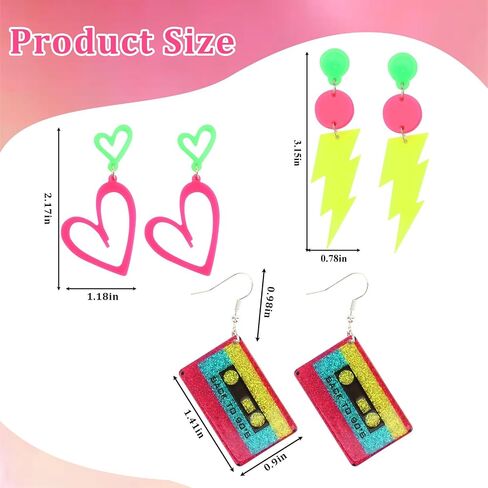 CURASA 80s 90s Neon Earrings For Women 3PCS Colorful Acrylic Earrings Set Lightning Cassette Heart Dangle Design Retro Accessories Jewelry Glow Party Outfit For Halloween Costume Gifts in Kuwait
