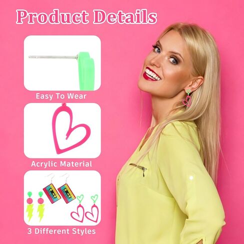 CURASA 80s 90s Neon Earrings For Women 3PCS Colorful Acrylic Earrings Set Lightning Cassette Heart Dangle Design Retro Accessories Jewelry Glow Party Outfit For Halloween Costume Gifts in Kuwait