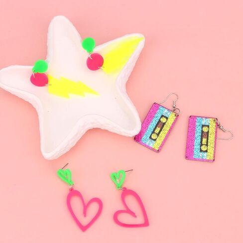 CURASA 80s 90s Neon Earrings For Women 3PCS Colorful Acrylic Earrings Set Lightning Cassette Heart Dangle Design Retro Accessories Jewelry Glow Party Outfit For Halloween Costume Gifts in Kuwait