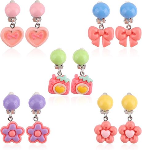 5 Pairs Colorful Clip-On Earrings Set for Girls, Cute Flower Bow Heart & Small Camera Ear Clips No-Pierced Earrings Princess-Style Jewelry for Toddler Girls Gift Daily Wear & Party (5 Styles) in Kuwait