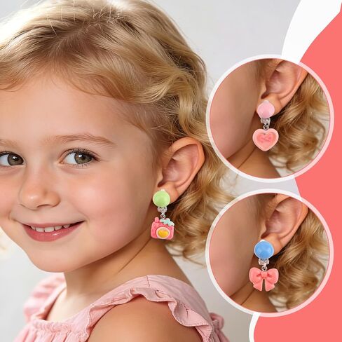 5 Pairs Colorful Clip-On Earrings Set for Girls, Cute Flower Bow Heart & Small Camera Ear Clips No-Pierced Earrings Princess-Style Jewelry for Toddler Girls Gift Daily Wear & Party (5 Styles) in Kuwait
