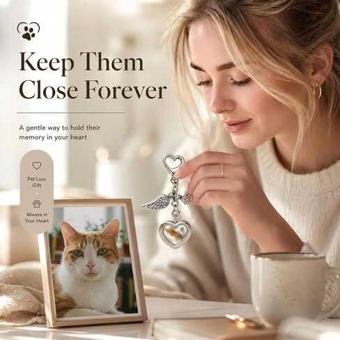 Pet Fur Keepsake Sympathy Gift, Dog Cat Memorial Locket Keychain with Card & Gift Box, Pet Remembrance Bereavement Gift for Loss of Dog Cat, Comfort Gift for Pet Owners in Kuwait