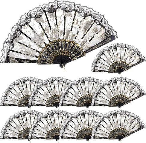 QIRMIZI 10 Pcs Rose Lace Folding Fans,Silk Folding Hand Fans, Perfect for Weddings, Parties, and Dancing,Black in Kuwait
