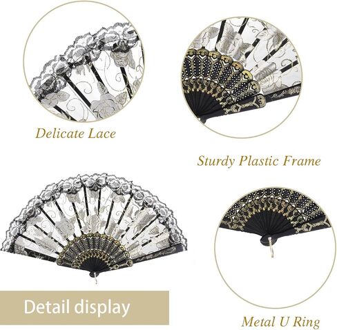 QIRMIZI 10 Pcs Rose Lace Folding Fans,Silk Folding Hand Fans, Perfect for Weddings, Parties, and Dancing,Black in Kuwait